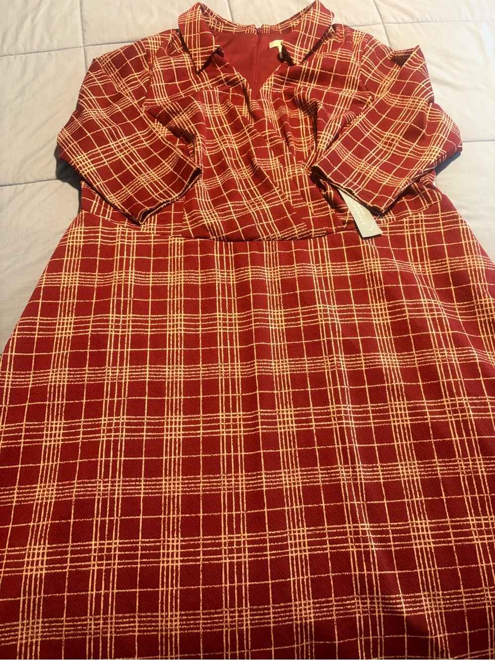 NWT London Times Burgundy Plaid Dress Johnny Collar Surplice Pleated Waist